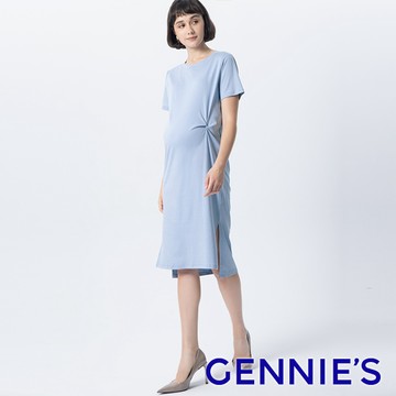 Gennies奇妮 絲光純色扭結孕婦洋裝(藍T1L07)