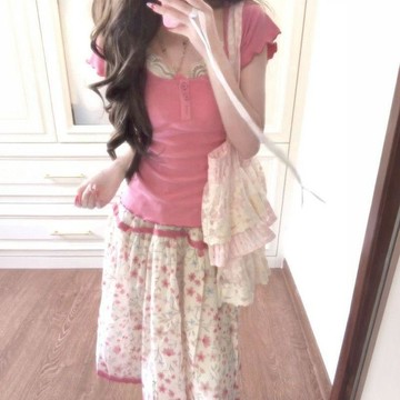 【2026夏季新款】韓系初戀套裝 甜美粉色上衣 溫柔碎花長裙 超仙兩件套 上衣 碎花 碎花上衣 碎花長裙 長裙