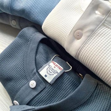 美式復古亨利衫長袖t恤男春秋寬松體恤休閑白色華夫格外貿打底衫鑫弘-衣錦男裝