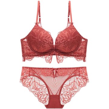 法式蕾絲邊內衣小胸加厚聚攏胸罩上薄下厚無鋼圈文胸套裝秋冬新款