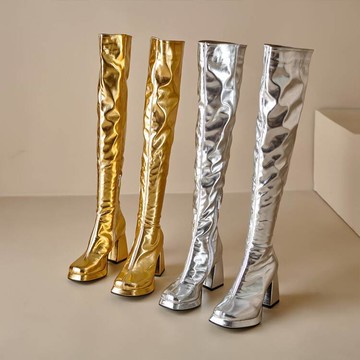 大尺碼女鞋 32-43過膝金色銀色拉鏈表演跳舞長靴女高跟粗跟彈力靴高筒靴皮靴