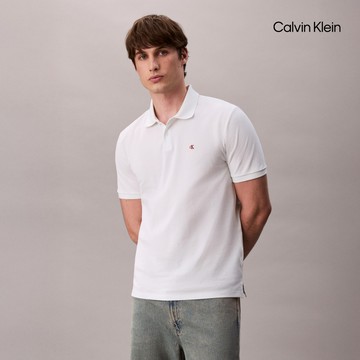 【Calvin Klein】 CK Monogram 棉質針織 Polo 衫_白色