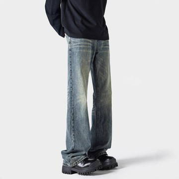 美式復古藍牛仔褲男春季潮牌寬松cleanfit高個子微喇褲休閑長褲子鑫弘-衣錦男裝