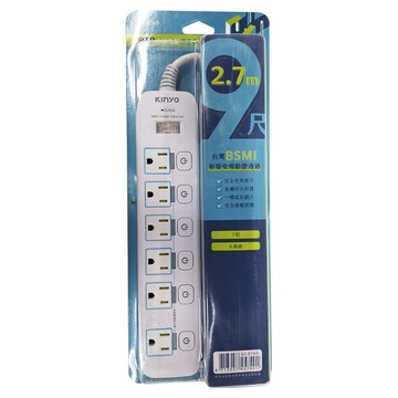 Kinyo 7開6插 高溫斷電延長線 3孔 GI-3769 59 x 25 x 265mm 603g  2.7m  白色  1條