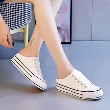 內增高半拖鞋帆布鞋無后跟懶人鞋女鞋子一腳蹬松糕鞋厚底小白托鞋