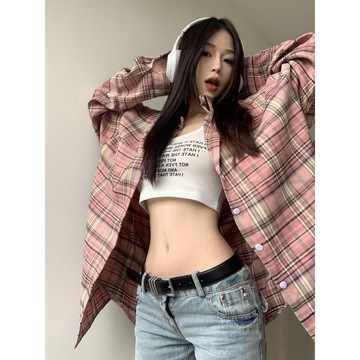 粉色格子襯衫女  夏季新款  美式複古寬鬆外搭襯衣  長袖中長款  女上衣  防曬  透氣  棉質