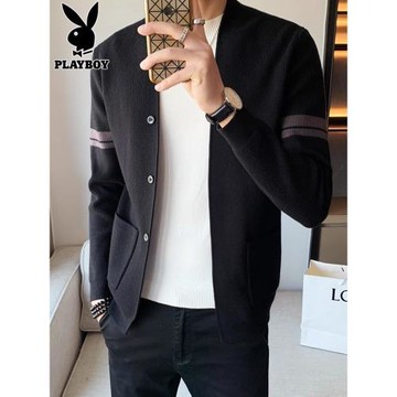 花花公子開衫毛衣男士線衣針織衫2026年春季新款潮休閑黑色外套男