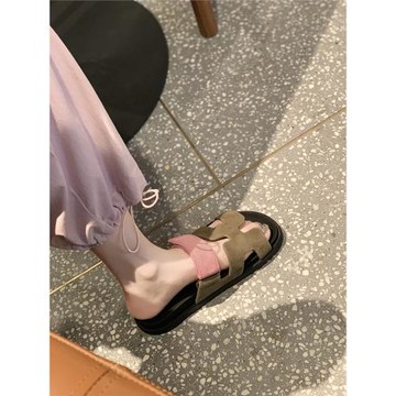 二舅拖鞋女夏外穿2025年新款真皮魔術貼一字帶厚底休閑沙灘涼拖鞋