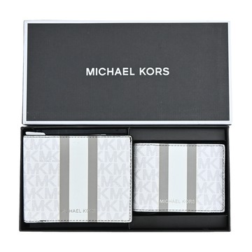 MICHAEL KORS GIFTING直紋滿版對開短夾（附證件夾）禮盒組-銀白 _廠商直送