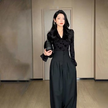 【WYZ】御姐高腰寬褲垂墜感微透性感上衣辣妹套裝高冷氣場V領小衫長褲