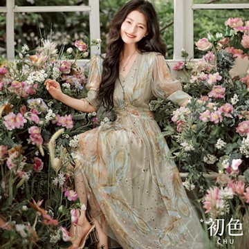 初色 森林系羽毛印花V領木耳邊排釦五分袖連衣裙連身洋裝長裙-花色-12271(M-XL可選)