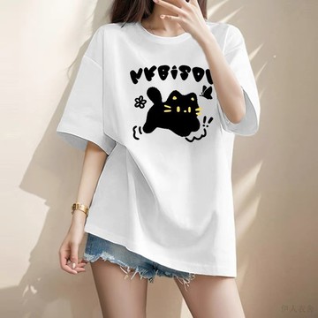 伊人衣舍 大尺碼女裝短袖上衣 中長款 純棉 圓領 白色 短袖T恤 女生衣服 大碼上衣 長版 t恤 寬鬆上衣短袖 印花