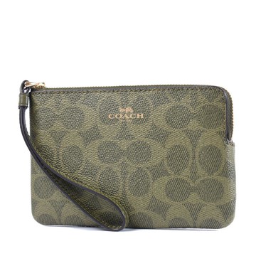 COACH 緹花LOGO防刮皮革手拿包-橄欖綠