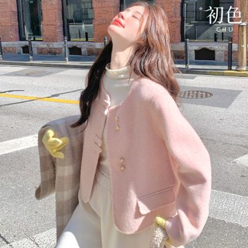 初色 小香風雙面仿羊毛圓領盤扣長袖寬鬆毛呢大衣外套女外套-粉紅色-17861(M-2XL可選)