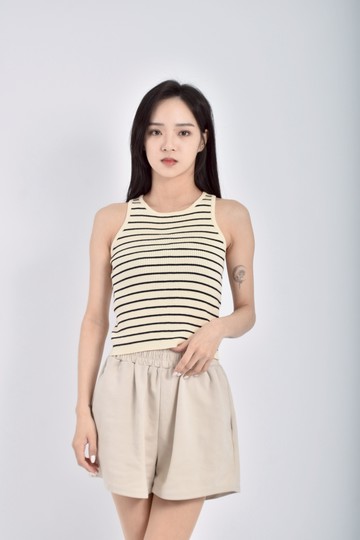 加購優惠(S) 質感針織無袖條紋杏色上衣