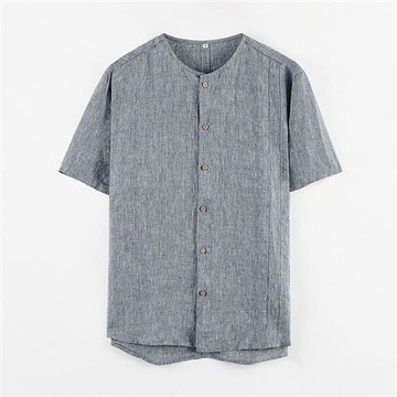 【米蘭精品】亞麻襯衫短袖上衣-圓領休閒輕薄透氣男上衣2色74ev9