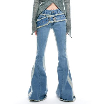 Fuguen HuKim千禧辣妹蝴蝶搭扣假皮帶大廓形彈力喇叭牛仔褲