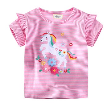 Jumping meters - 棉質圓領短袖上衣-花朵獨角獸-粉色條紋