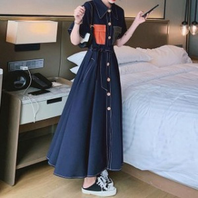 Aラインロングワンピース 無地 前開きデニム 半袖 シャツワンピース 夏 膝した丈 カジュアル ハイウエスト おしゃれ ロング丈 マキシ 通販 Lineポイント最大get Lineショッピング