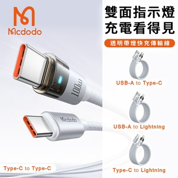 隔日到貨🔥【MCDODO麥多多】水母系列 100W 透明帶燈快充傳輸線 PD快充 36W Type-C 蘋果 快充傳輸線
