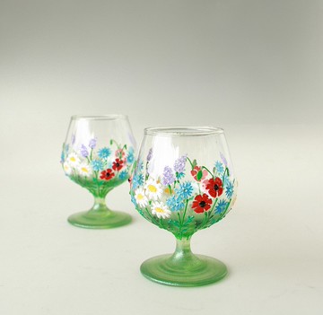 白蘭地威士忌眼鏡綠色手繪野花 2 件套