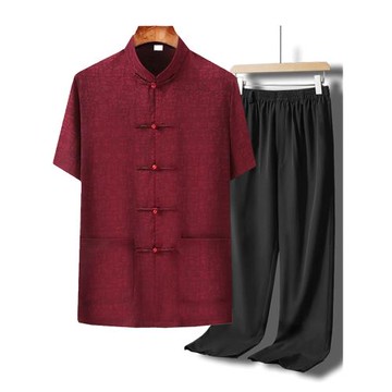 桑蠶絲夏季新中式短袖唐裝男中老年真絲香云紗爸爸套裝中國風上衣