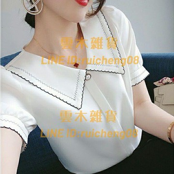 夏季雪紡衫短袖女裝夏裝韓版娃娃領上衣設計感小眾潮【雲木雜貨】