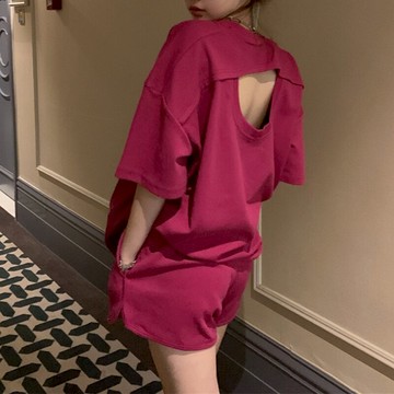 港味性感小心機露背短袖上衣+高腰運動短褲網紅炸街兩件套裝女夏