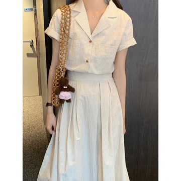 韓國chic春季法式復古西裝領長袖條紋襯衫+高腰褶皺半身裙兩件套