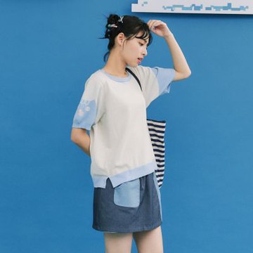 【Dailo】呆萌貓咪袖口短袖針織上衣 米 灰 深灰 (魅力商品)