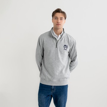 【Retro Casual】男裝-學院風刺繡傘立領半拉鍊長袖T-灰色