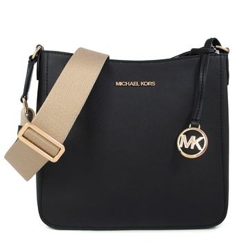 MICHAEL KORS JET SET TRAVEL 金字Logo黑色防刮長型寬帶斜背包(小款)