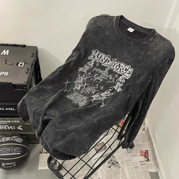 原創美式復古水洗做舊重磅t恤男長袖純棉歐美高街古著情侶衛衣ins