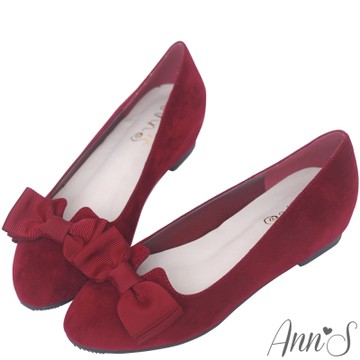 Ann’S優雅輕甜-織帶蝴蝶結V口內增高娃娃鞋-酒紅
