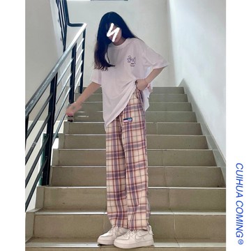 品牌折扣女裝專柜撤柜尾貨清倉2021秋季休閑格子直筒學生闊腿褲女