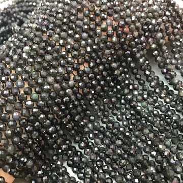 2-4mm天然彩虹眼黑曜石切面刻面足球面散珠半成品 手鏈串項鏈配件