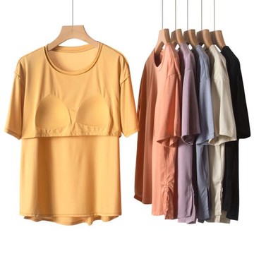 椰油養膚帶胸墊睡衣女莫代爾夏款防凸點的t恤居家服短袖單件上衣