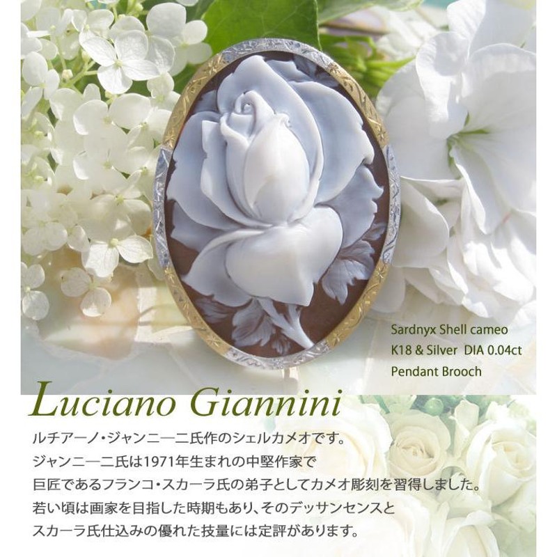 Luciano Giannini作 シェルカメオ 天然ダイヤモンド0.04ct K18, SILVER