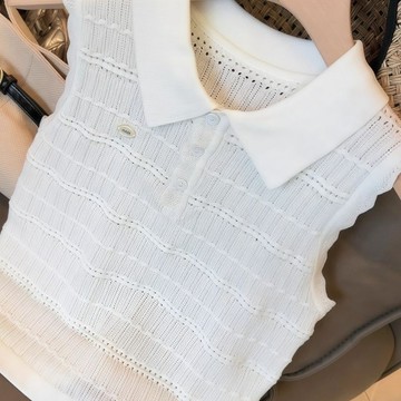 白色polo領針織背心女 上衣 背心 無袖打底衫 無袖衫 白色polo領針織衫無袖女新款夏季韓系簡約氣質背心小上衣