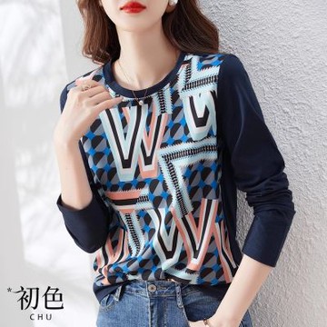 初色 拼接字母幾何圖設計印花圓領長袖上衣-寶藍色-30264(M-2XL可選)