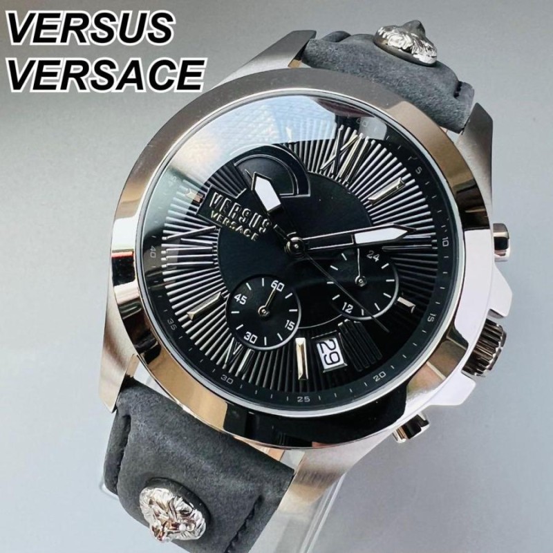 新品ヴェルサス ヴェルサーチ クォーツ メンズ腕時計シルバー ブラック レザー時計