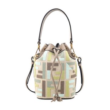 FENDI Mon Tresor 拼色FF刺繡帆布迷你水桶包(米色)