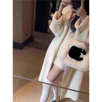法式復古翻領中長款純欲風毛衣女針織開衫寬松慵懶風休閑秋冬外套