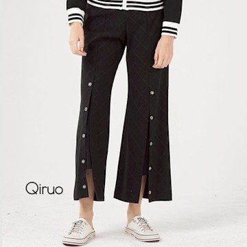 Qiruo 奇若秋冬專櫃黑色褲子 8176C 前開岔喇叭褲
