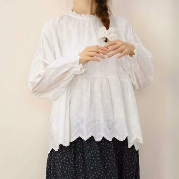 日系刺繡花邊長袖上衣465148