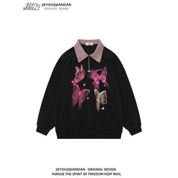 美式高街蝴蝶印花長袖衛衣男女潮牌寬松休閑情侶裝撞色Polo衫上衣