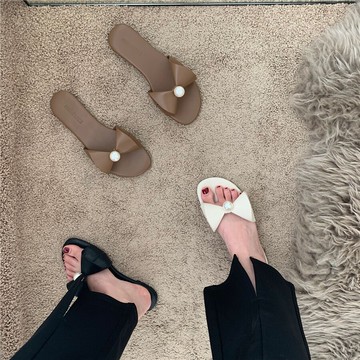 法式小仙女蝴蝶結小香風珍珠扣平底鞋2022年春夏新款涼拖拖鞋女鞋