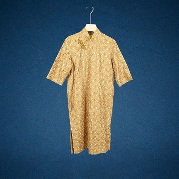 二手 棕色 鏤空刺繡 盤扣 開衩 無彈性 古董訂製 長袖旗袍 CA1122