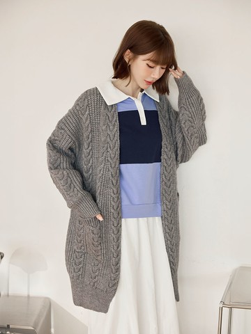 麻花針織開襟長版毛衣外套