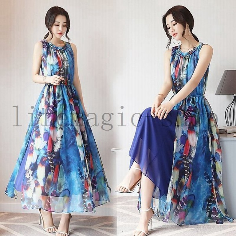 ロングワンピースレディースオシャレワンピースノースリーブ上品マキシ丈ワンピースaラインワンピースボヘミア夏ワンピ海辺 通販 Lineポイント最大get Lineショッピング